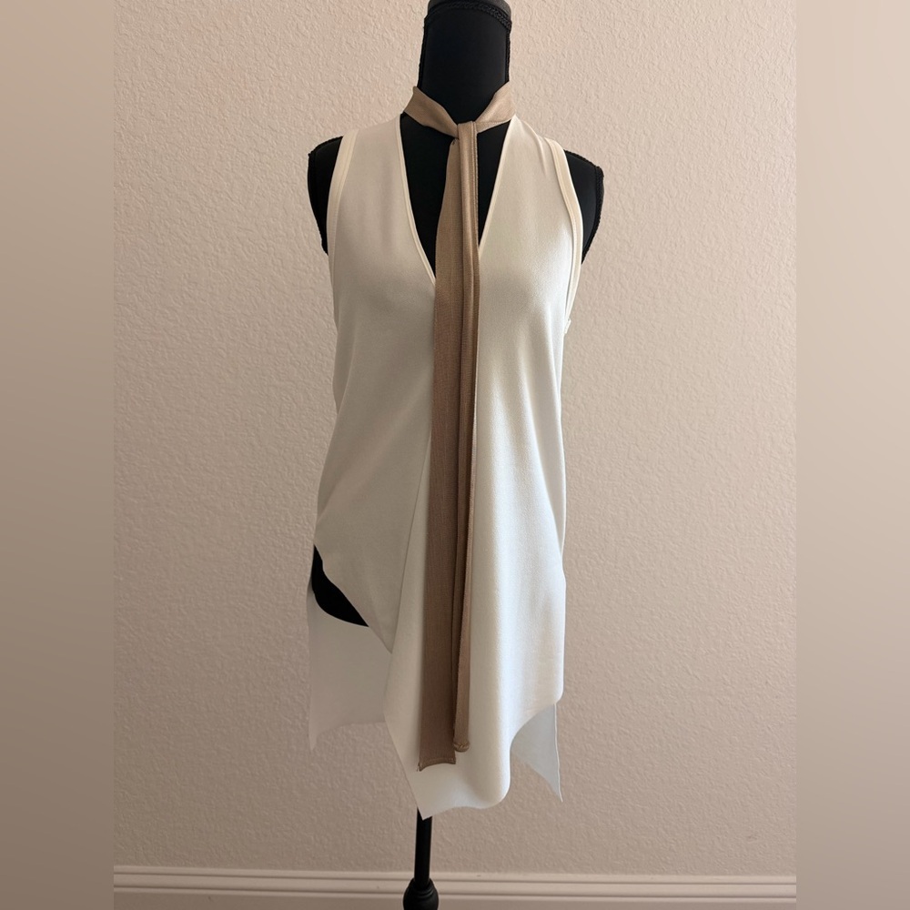 ZARA Cream Asymmetrical Tunic Blouse | Tie-Neck Mesh Detail Long Top